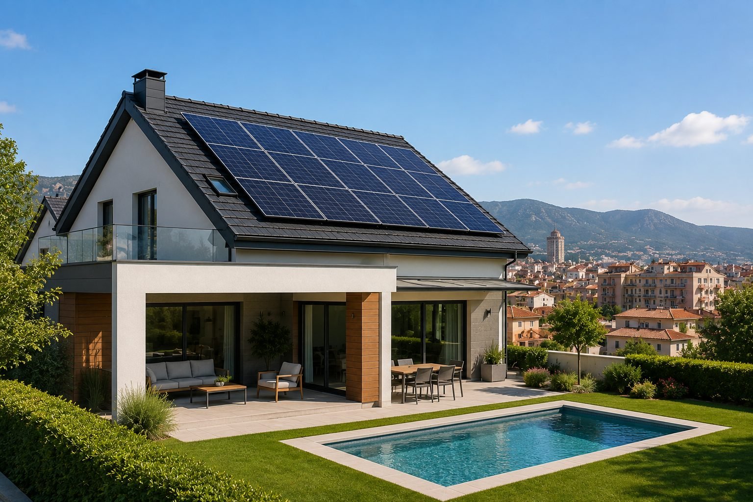 Casa unifamiliar con placas solares en el tejado, porche y piscina
