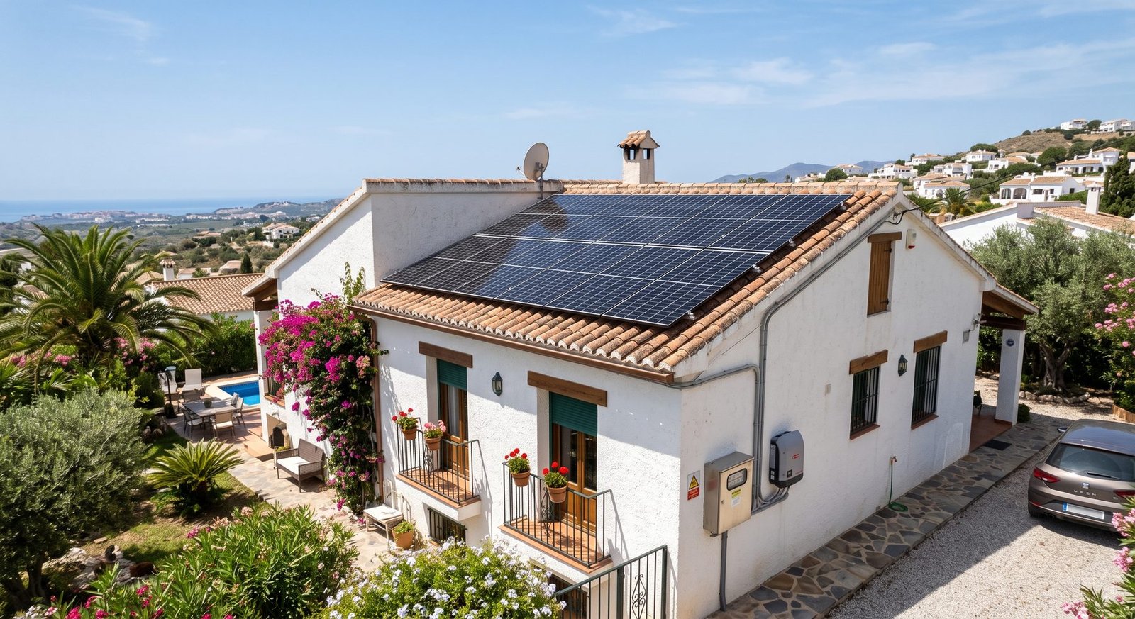 Casa de campo encalada con instalación fotovoltaica sobre cubierta de teja